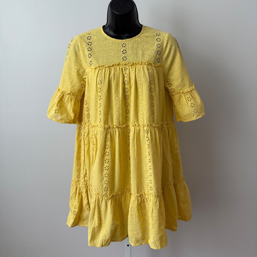 Prose & Poetry Boho Prairie Coastal Eyelet Tiered Mini Dress M Yellow